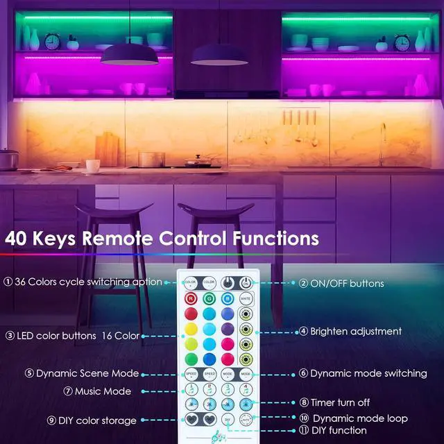 Alt view image 4 of 7 - 10 PCS Smart RGB Under Cabinet Lights Kit Compatible with Alexa and Google Assistant App and Remote Control Music Sync Color Changing Timer Dimmable for Cabinet Counter Shelf Bookcase