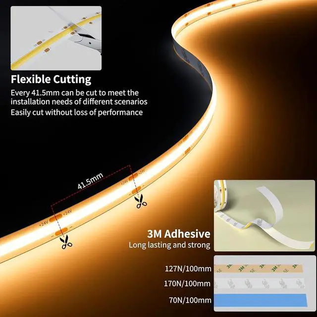 Alt view image 5 of 7 - COB LED Strip Light 32.8ft/10m 5040LEDs Warm White 2700K High Lumen Flexible CRI93+ LED Tape Super Bright DC24V for Cabinet Home DIY Lighting Projects(Power Supply & Controller Not Included)