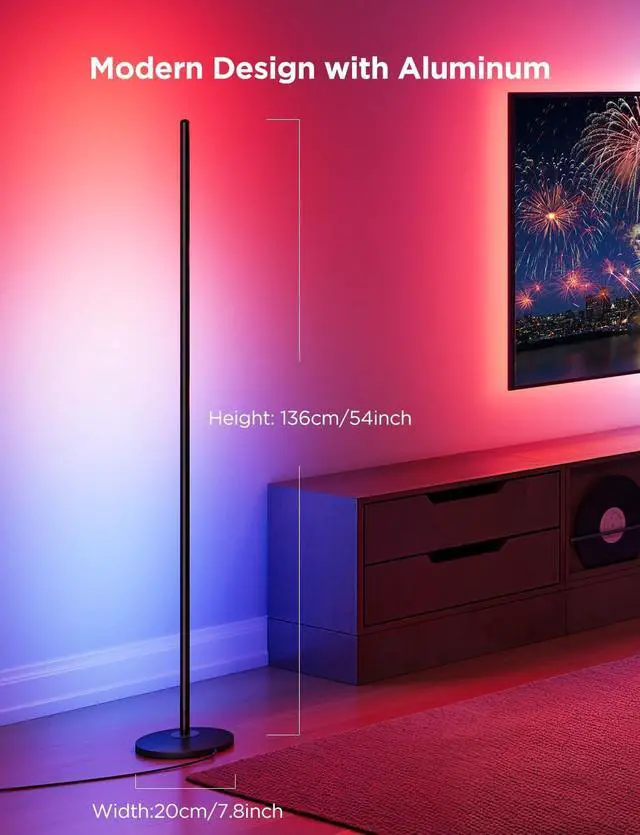Alt view image 6 of 7 - RGBIC Floor Lamp Basic, LED Corner Lamp Works with Alexa, 1000 Lumen Smart Modern Floor Lamp with Music Sync and 16 Million DIY Colors, Color Changing Standing Lamp for Bedroom Living Room Black