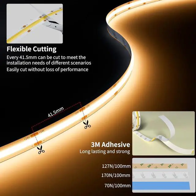 Alt view image 5 of 7 - COB LED Strip Light 20ft/6.1m 3000K Warm White 3087LEDs High Lumen CRI90+ Super Bright Lead-free Material DC24V Flexible LED Tape for Home&Office DIY Lighting Project(Power Supply Not Included)
