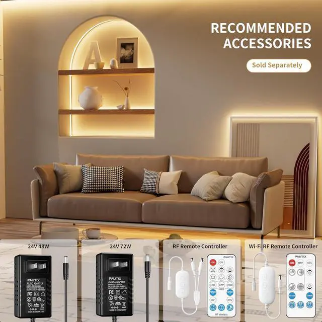 Alt view image 7 of 7 - COB LED Strip Light 20ft/6.1m 3000K Warm White 3087LEDs High Lumen CRI90+ Super Bright Lead-free Material DC24V Flexible LED Tape for Home&Office DIY Lighting Project(Power Supply Not Included)