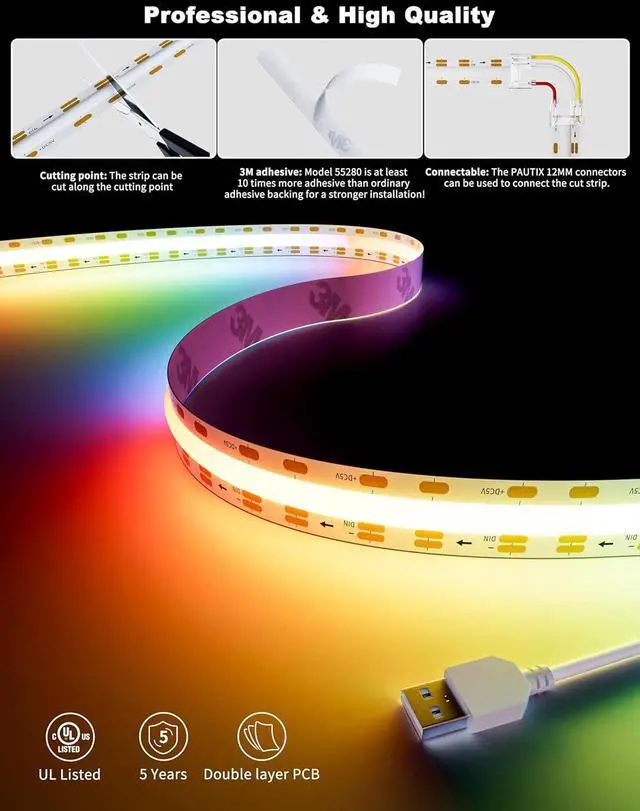 Alt view image 4 of 7 - RGB Smart IC COB LED Strip Light Color Chasing 5V USB UL-Listed Multicolor Flexible Tape Light 6.56ft/2m with Music Mode/APP Control for TV Bedroom Party DIY Decoration