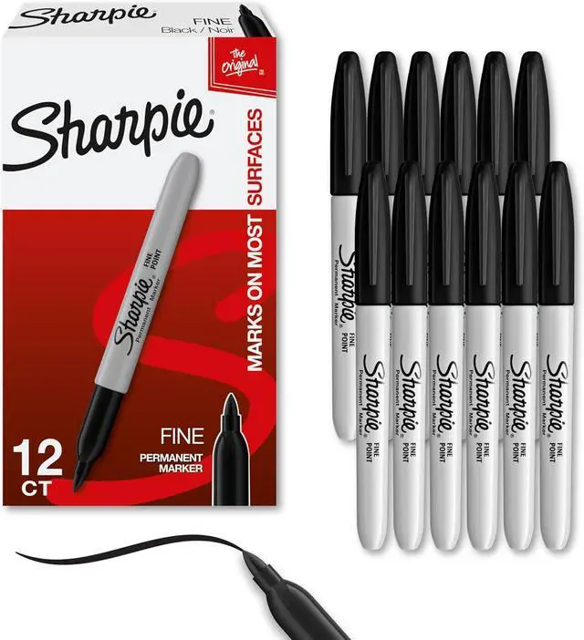 Main image of Sharpie Permanent Markers Fine Tip Black 12 Count - For Classroom Office & Home Quick Drying Fade Resistant For Wood Plastic Paper Metal And More Ideal for Posters Drawing Coloring