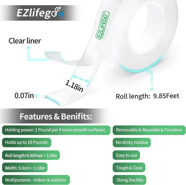 Alt view image 2 of 6 - Double Sided Tape Heavy Duty Nano Double Sided Adhesive Tape Clear Mounting Tape Picture Hanging Adhesive Strips (9.85FT)