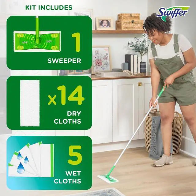 Alt view image 5 of 7 - Sweeper 2-in-1 Dry + Wet Floor Mopping and Sweeping Kit Multi-Surface Kit for Floor Cleaning Kit Includes 1 Sweeper 14 Dry Sweeping Cloths 5 Wet Mopping Cloths
