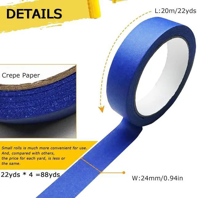 Alt view image 2 of 7 - 4 Rolls Premium Painters Tape Blue Tape Masking Tape Paint Tape for Multi-Purpose Painting Painters DIY Crafts Arts (88yd =0.94IN*22yd*4) Decoration Labeling No Residue Easy Removal