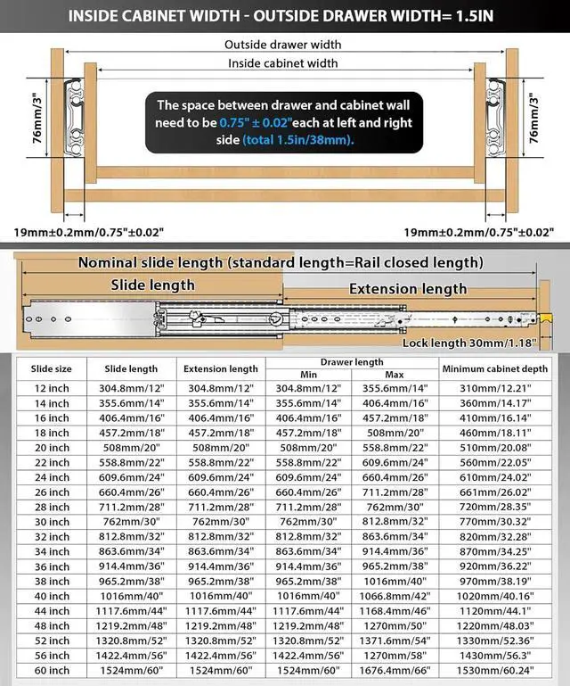 Alt view image 2 of 6 - with Lock Heavy Duty Drawer Slides 12 14 16 18 20 22 24 26 28 30 32 34 36 40 44 48 52 56 60 Inch 500 Lbs Side Mount Full Extension Ball Bearing Rails Rail Tool Box Runner-W:76mm 12 Inch