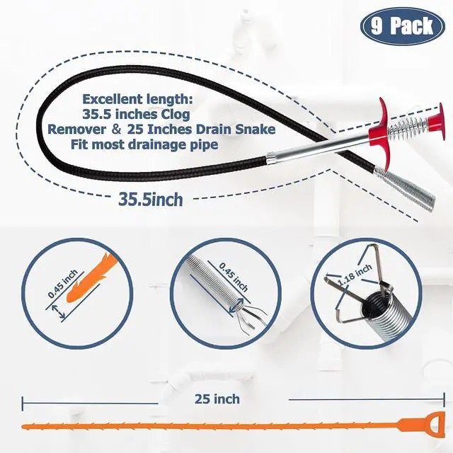 Alt view image 2 of 7 - 35.5inch Drain Clog Remover(1pcs) 25inch Drain Snake Hair Remover(6pcs)  Cleaning Brush(2pcs) Hair Catcher Drain Auger Cleaner Tool Set For Toilet Kitchen Sink Bathroom Tub Sewer 9 Pack