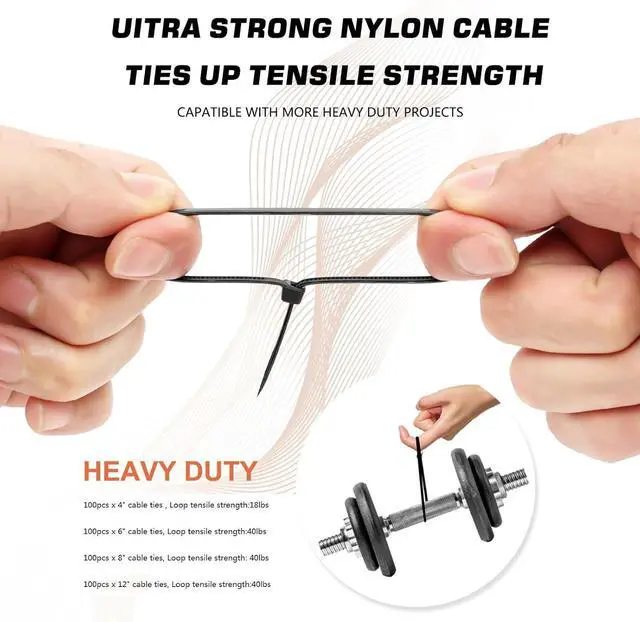 Alt view image 4 of 7 - Cable Zip Ties 400 Pack Black Assorted Sizes 12+8+6+4 Inch Multi-Purpose Self-Locking Nylon Cable Cord Management Plastic Wire Ties for Home Office Garden Workshop. By