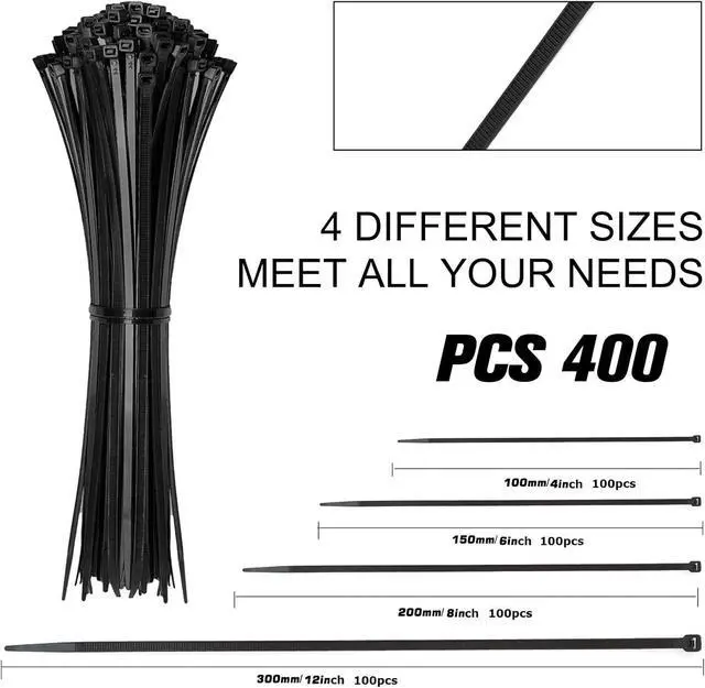 Alt view image 2 of 7 - Cable Zip Ties 400 Pack Black Assorted Sizes 12+8+6+4 Inch Multi-Purpose Self-Locking Nylon Cable Cord Management Plastic Wire Ties for Home Office Garden Workshop. By