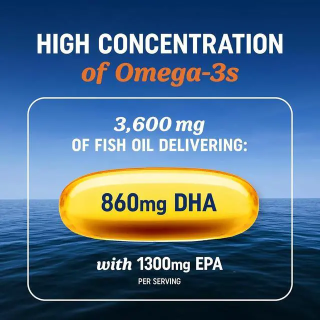 Alt view image 2 of 7 - Triple Strength DHA Omega 3 Fish Oil 3600 mg | Over 2100mg Omega-3 Fatty Acids with 860mg of DHA | 1300mg EPA | Best Essential Fatty Acids | Premium Wild Caught & Burpless Fish Oil | 120 Softgels