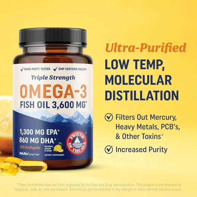 Alt view image 5 of 7 - Triple Strength DHA Omega 3 Fish Oil 3600 mg | Over 2100mg Omega-3 Fatty Acids with 860mg of DHA | 1300mg EPA | Best Essential Fatty Acids | Premium Wild Caught & Burpless Fish Oil | 120 Softgels