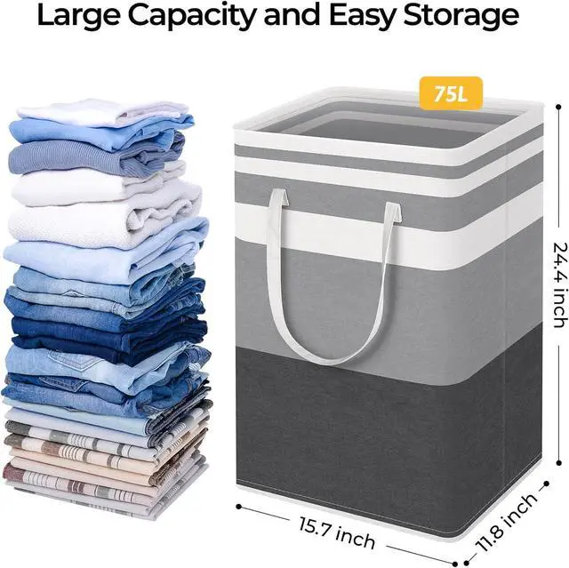 Alt view image 4 of 7 - 2 Pack Large Laundry Baskets Waterproof Freestanding Laundry Hampers Collapsible Clothes Hamper with Reinforced Handles in Laundry Room College Dorm Bathroom Bedroom (Grey 75Lx2)