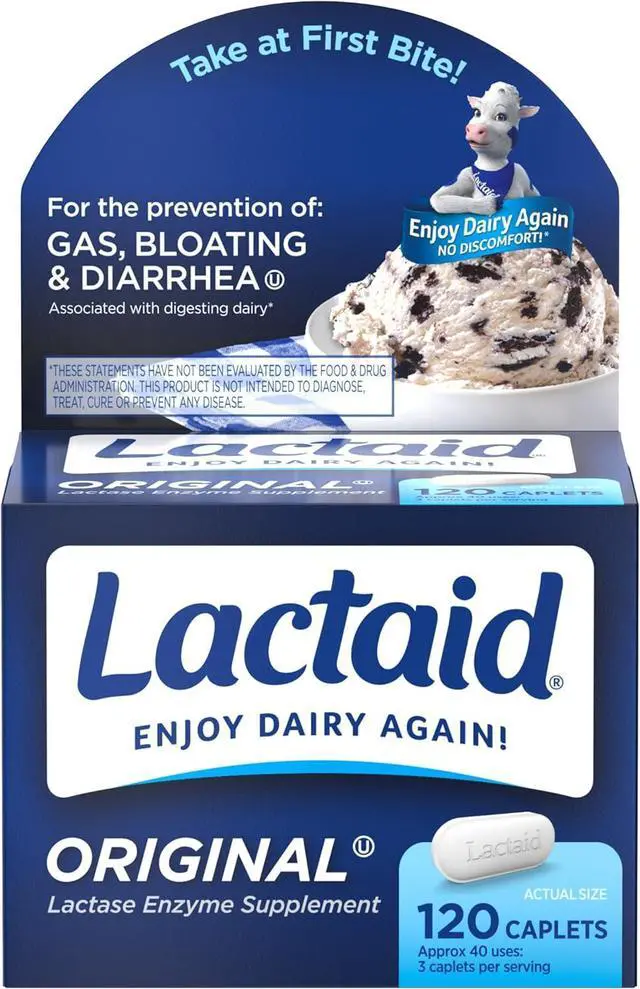 Main image of Original Strength Lactose Intolerance Caplets 9000 FCC Lactase Enzyme Caplets Helps Pre-Vent Gas Bloating & Diarrhea Due to Lactose Sensitivity in Adults & Kids Ages 4+ 120 Count