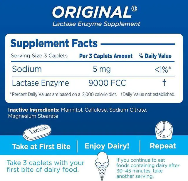 Alt view image 5 of 7 - Original Strength Lactose Intolerance Caplets 9000 FCC Lactase Enzyme Caplets Helps Pre-Vent Gas Bloating & Diarrhea Due to Lactose Sensitivity in Adults & Kids Ages 4+ 120 Count
