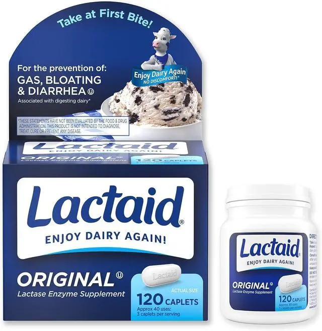 Alt view image 6 of 7 - Original Strength Lactose Intolerance Caplets 9000 FCC Lactase Enzyme Caplets Helps Pre-Vent Gas Bloating & Diarrhea Due to Lactose Sensitivity in Adults & Kids Ages 4+ 120 Count