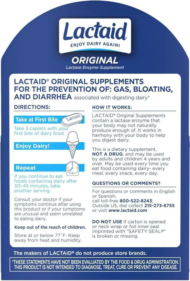 Alt view image 7 of 7 - Original Strength Lactose Intolerance Caplets 9000 FCC Lactase Enzyme Caplets Helps Pre-Vent Gas Bloating & Diarrhea Due to Lactose Sensitivity in Adults & Kids Ages 4+ 120 Count