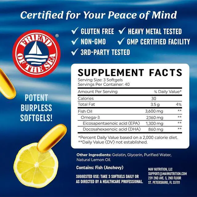 Alt view image 6 of 7 - Triple Strength DHA Omega 3 Fish Oil 3600 mg | Over 2100mg Omega-3 Fatty Acids with 860mg of DHA | 1300mg EPA | Best Essential Fatty Acids | Premium Wild Caught & Burpless Fish Oil | 120 Softgels