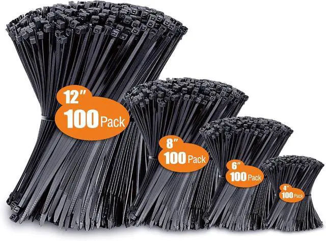Main image of Zip Ties Assorted Sizes(4+6+8+12) 400 Pack Black Cable Ties UV Resistant Wire Ties by