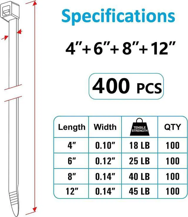 Alt view image 2 of 7 - Zip Ties Assorted Sizes(4+6+8+12) 400 Pack Black Cable Ties UV Resistant Wire Ties by