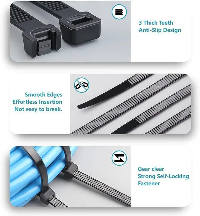 Alt view image 4 of 7 - Zip Ties Assorted Sizes(4+6+8+12) 400 Pack Black Cable Ties UV Resistant Wire Ties by