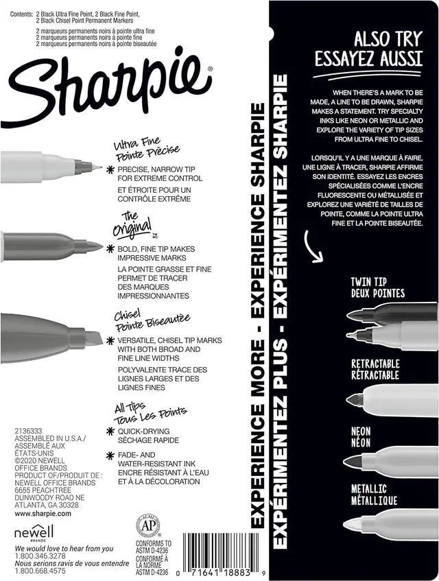 Alt view image 6 of 6 - Sharpie Permanent Markers Variety Pack Includes Chisel Fine and Ultra-Fine Tips Marker Set Writing Coloring Poster Office School Supplies Black 6 Count