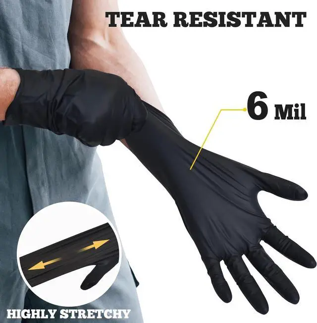 Alt view image 2 of 7 - Disposable Nitrile Exam Gloves 6-mil Black Heavy Duty Disposable Gloves Cooking Gloves Latex Free Powder Free