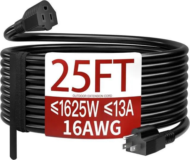 Main image of 16/3 25 FT Outdoor Extension Cord Waterproof Weatherproof & Flame Retardant Black 3 Prong Power Cord Outside for Lawn & Garden 13 Amps 1625 Watts 125 VAC 16AWG SJTW ETL Listed