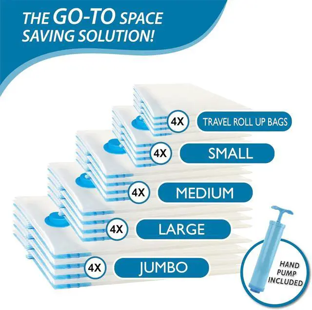 Alt view image 4 of 7 - 20 Pack Vacuum Storage Bags Space Saver Bags (4 Jumbo/4 Large/4 Medium/4 Small/4 Roll) Compression for Comforters and Blankets Sealer Clothes Storage Hand Pump Included