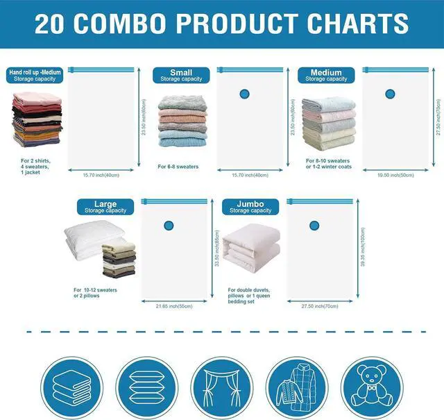 Alt view image 5 of 7 - 20 Pack Vacuum Storage Bags Space Saver Bags (4 Jumbo/4 Large/4 Medium/4 Small/4 Roll) Compression for Comforters and Blankets Sealer Clothes Storage Hand Pump Included
