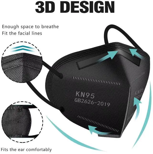 Alt view image 3 of 7 - 50pcs KN95 Face Mask Black 5 Layer Cup Dust Safety Masks Filter Efficiency95% Breathable Elastic Ear Loops Black Masks