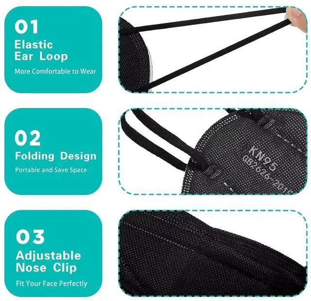 Alt view image 5 of 7 - 50pcs KN95 Face Mask Black 5 Layer Cup Dust Safety Masks Filter Efficiency95% Breathable Elastic Ear Loops Black Masks