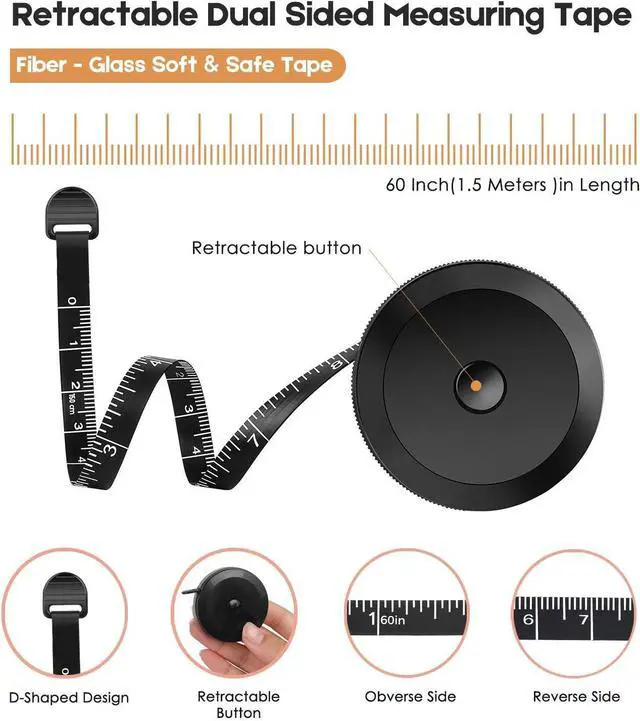 Alt view image 3 of 7 - 2 Pack Tape Measure Measuring Tape for Body Fabric Sewing Tailor Cloth Knitting Vinyl Home Craft Measurements 60-Inch Soft Fashion Pink & Retractable Black Double Scales Rulers for Body Weight