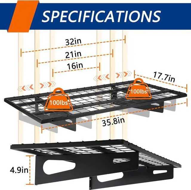 Alt view image 2 of 7 - 2-Pack 1.5x3FT Garage Shelving 17.7-inch-by-35.8-inch Wall Shelf Garage Storage Rack Wall Mounted Floating Shelves Black