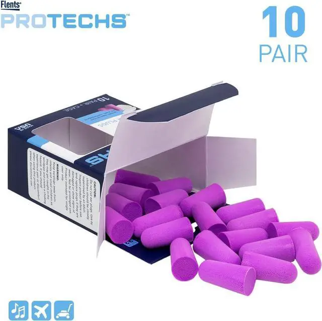 Alt view image 2 of 7 - Protechs Foam Ear Plugs 10 Pair with Case for Sleeping Snoring Loud Noise Traveling Concerts Construction Studying Work Shooting NRR 33 Purple Disposable Made in the USA