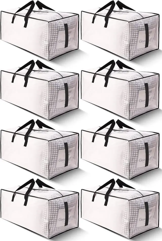 Main image of 8 Pack Large Strong Moving Bags with Zippers & Carrying Handles - Water-Resistant - Heavy Duty Storage Tote for Space Saving Fold Flat Alternative to Moving Box (Semi-Transparent)