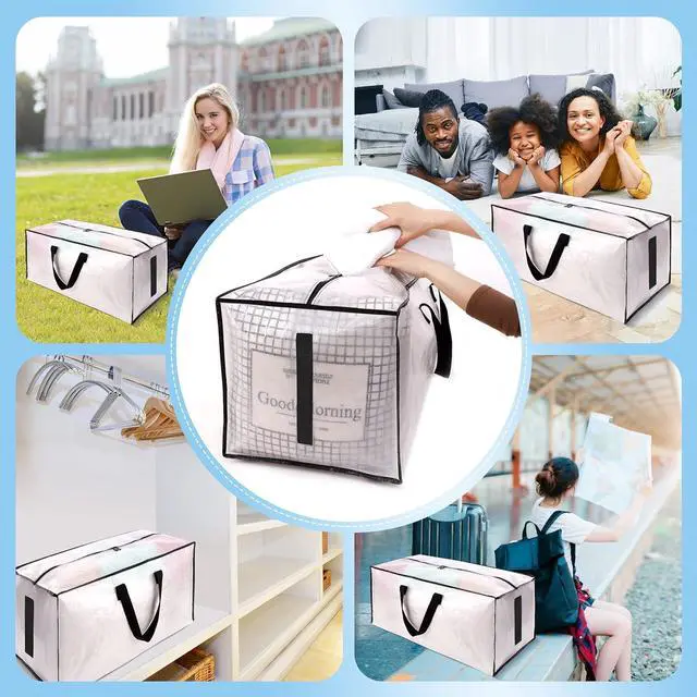 Alt view image 6 of 6 - 8 Pack Large Strong Moving Bags with Zippers & Carrying Handles - Water-Resistant - Heavy Duty Storage Tote for Space Saving Fold Flat Alternative to Moving Box (Semi-Transparent)