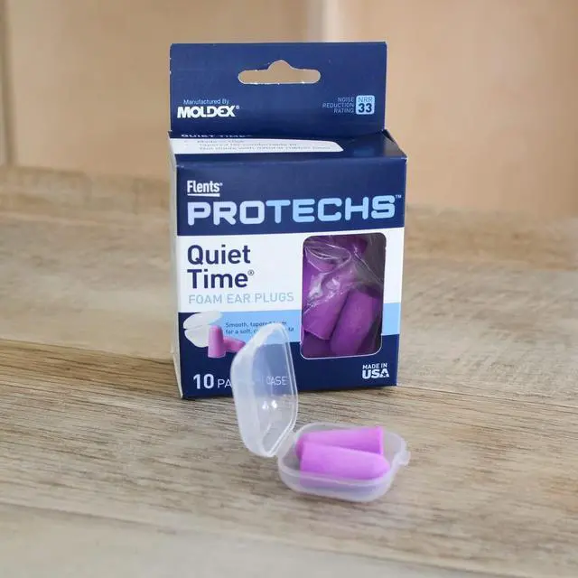 Alt view image 3 of 7 - Protechs Foam Ear Plugs 10 Pair with Case for Sleeping Snoring Loud Noise Traveling Concerts Construction Studying Work Shooting NRR 33 Purple Disposable Made in the USA