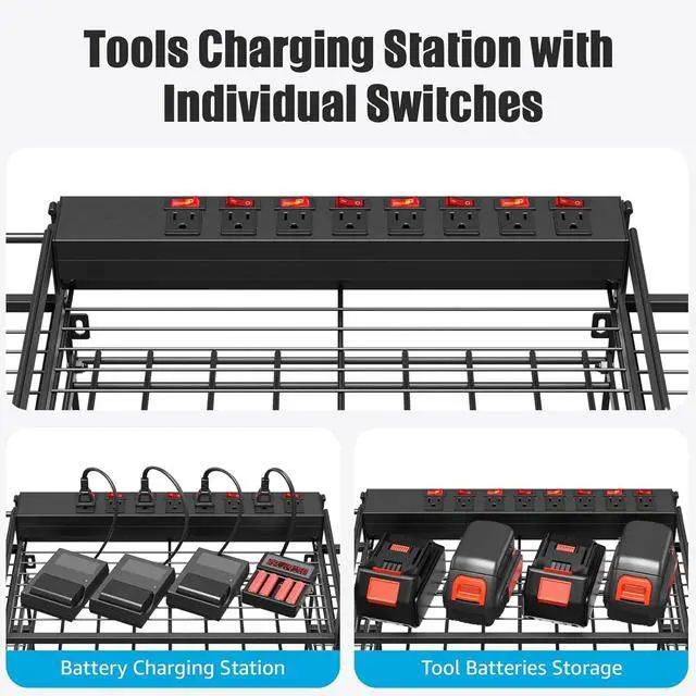 Alt view image 2 of 7 - Black Power Tool Organizer Wall Mount Large Tools and Battery Storage Rack Charging Station Individual Switches. Drills Holder Garage Utility Shelves with 6FT Power Strip. Gift for Men.