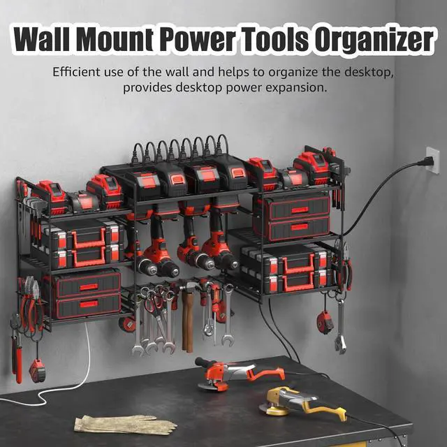 Alt view image 3 of 7 - Black Power Tool Organizer Wall Mount Large Tools and Battery Storage Rack Charging Station Individual Switches. Drills Holder Garage Utility Shelves with 6FT Power Strip. Gift for Men.