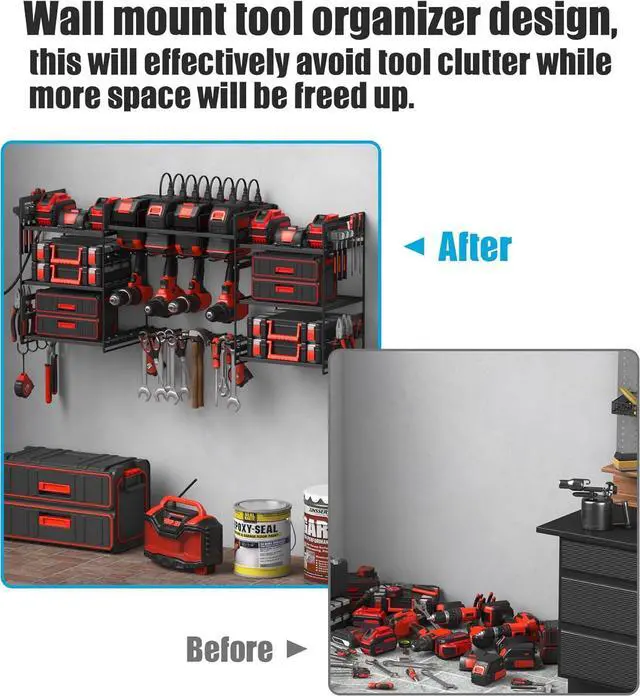 Alt view image 4 of 7 - Black Power Tool Organizer Wall Mount Large Tools and Battery Storage Rack Charging Station Individual Switches. Drills Holder Garage Utility Shelves with 6FT Power Strip. Gift for Men.