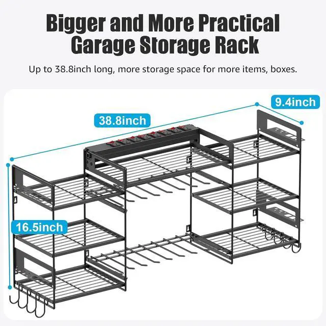 Alt view image 5 of 7 - Black Power Tool Organizer Wall Mount Large Tools and Battery Storage Rack Charging Station Individual Switches. Drills Holder Garage Utility Shelves with 6FT Power Strip. Gift for Men.