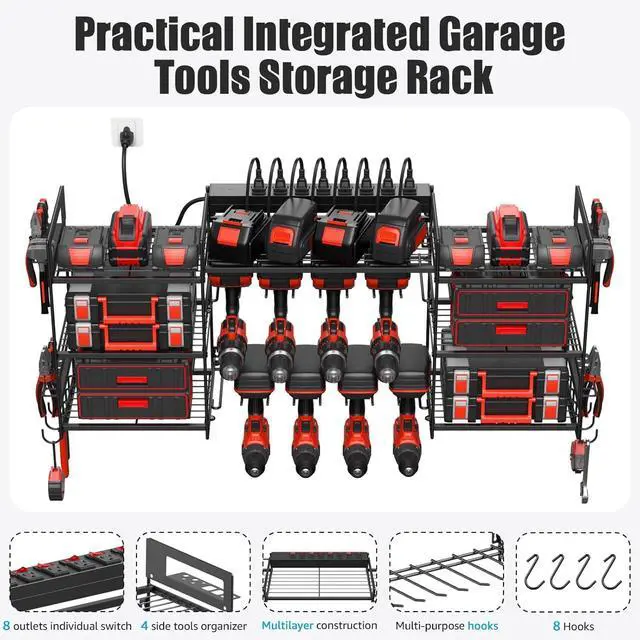 Alt view image 6 of 7 - Black Power Tool Organizer Wall Mount Large Tools and Battery Storage Rack Charging Station Individual Switches. Drills Holder Garage Utility Shelves with 6FT Power Strip. Gift for Men.