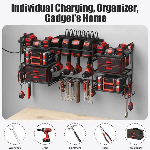 Alt view image 7 of 7 - Black Power Tool Organizer Wall Mount Large Tools and Battery Storage Rack Charging Station Individual Switches. Drills Holder Garage Utility Shelves with 6FT Power Strip. Gift for Men.