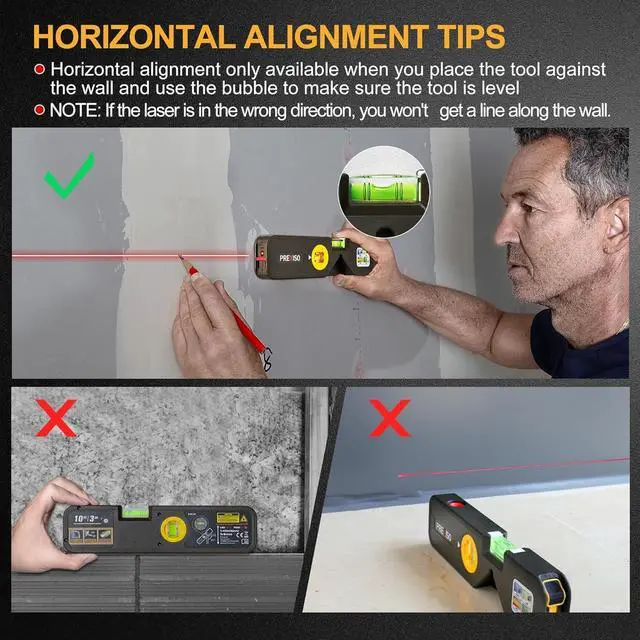 Alt view image 3 of 7 - PREXISO 4-in-1 Line Laser Level Multipurpose Torpedo Level 65Ft Alignment Point & 16Ft Laser Line & 10Ft Measure Tape Ruler & Quick Angle Setting for Hanging Picture Wall Marking Home Renovation