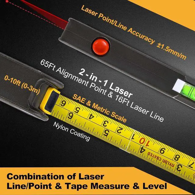 Alt view image 5 of 7 - PREXISO 4-in-1 Line Laser Level Multipurpose Torpedo Level 65Ft Alignment Point & 16Ft Laser Line & 10Ft Measure Tape Ruler & Quick Angle Setting for Hanging Picture Wall Marking Home Renovation