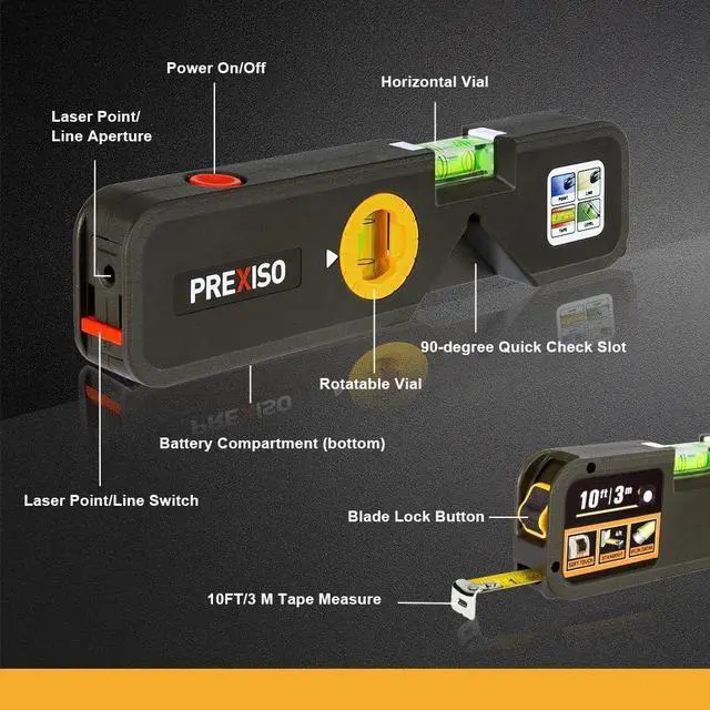 Alt view image 7 of 7 - PREXISO 4-in-1 Line Laser Level Multipurpose Torpedo Level 65Ft Alignment Point & 16Ft Laser Line & 10Ft Measure Tape Ruler & Quick Angle Setting for Hanging Picture Wall Marking Home Renovation