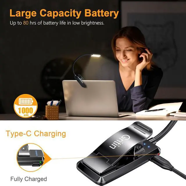 Alt view image 4 of 7 - 9 LED Rechargeable Book Light for Reading in Bed - Eye Caring 3 Color Temperatures Stepless Dimming Brightness 80 Hrs Runtime Small Lightweight Clip On Book Reading Light for Studying