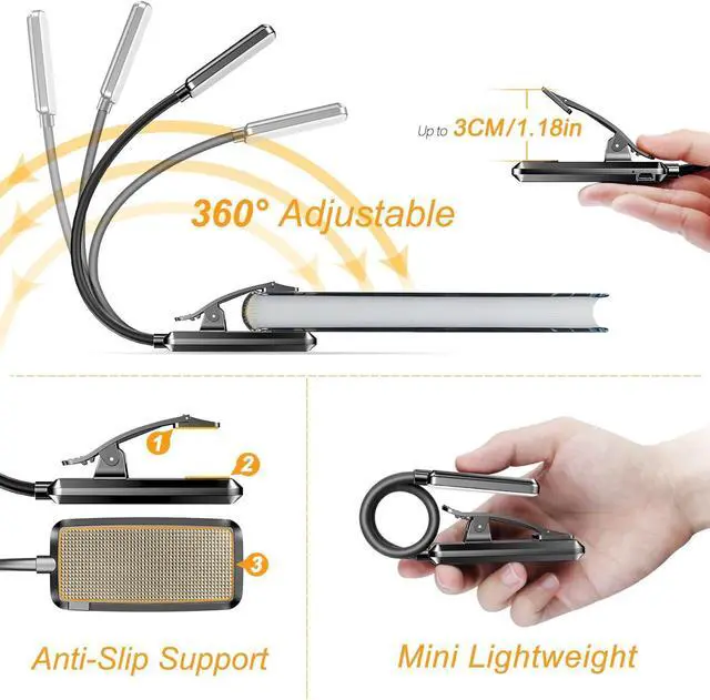 Alt view image 5 of 7 - 9 LED Rechargeable Book Light for Reading in Bed - Eye Caring 3 Color Temperatures Stepless Dimming Brightness 80 Hrs Runtime Small Lightweight Clip On Book Reading Light for Studying