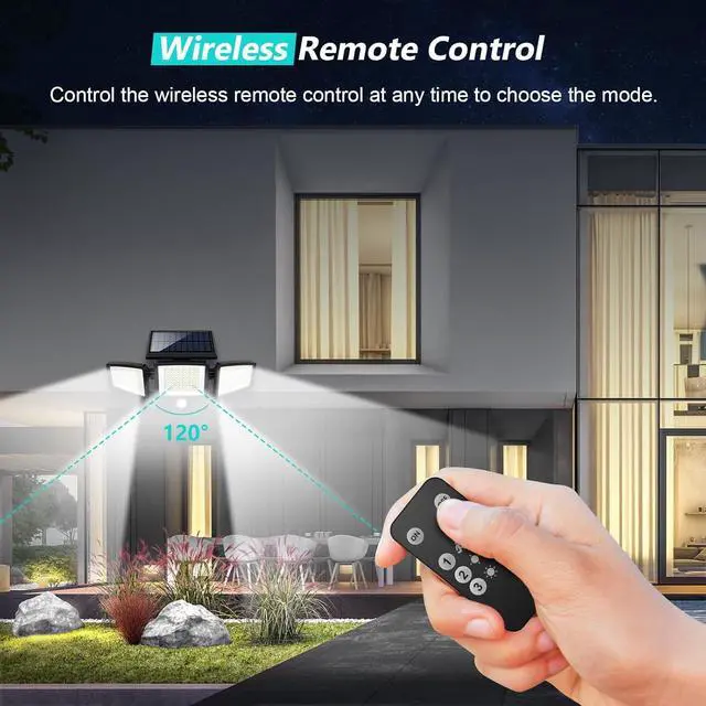 Alt view image 2 of 7 - Solar Outdoor Lights 2500LM 210 LED Security Lights with Remote Control 3 Heads Motion Sensor Lights IP65 Waterproof 270 Wide Angle Flood Wall Lights with 3 Modes(2 Packs)